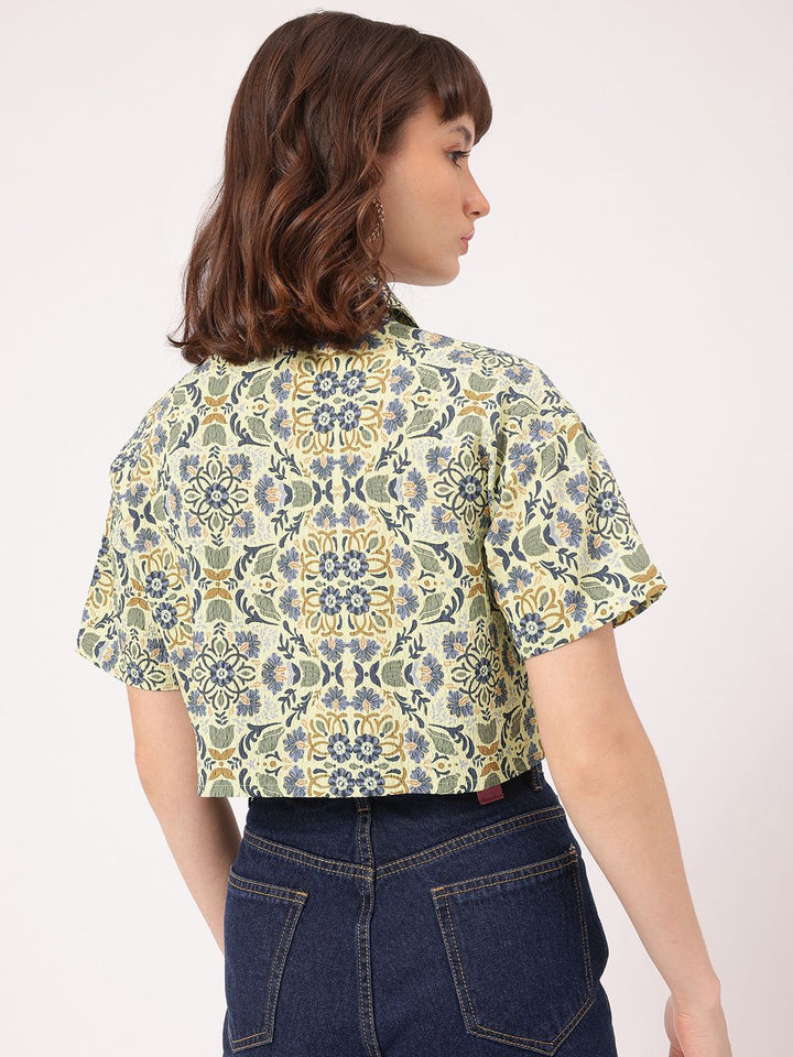 DressBerry Nomad Nook Printed Seersucker Boxy Crop Shirt
