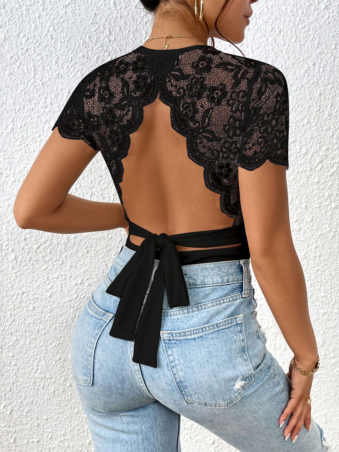 DressBerry Ribbed Lace Inserts Backless Bodysuit