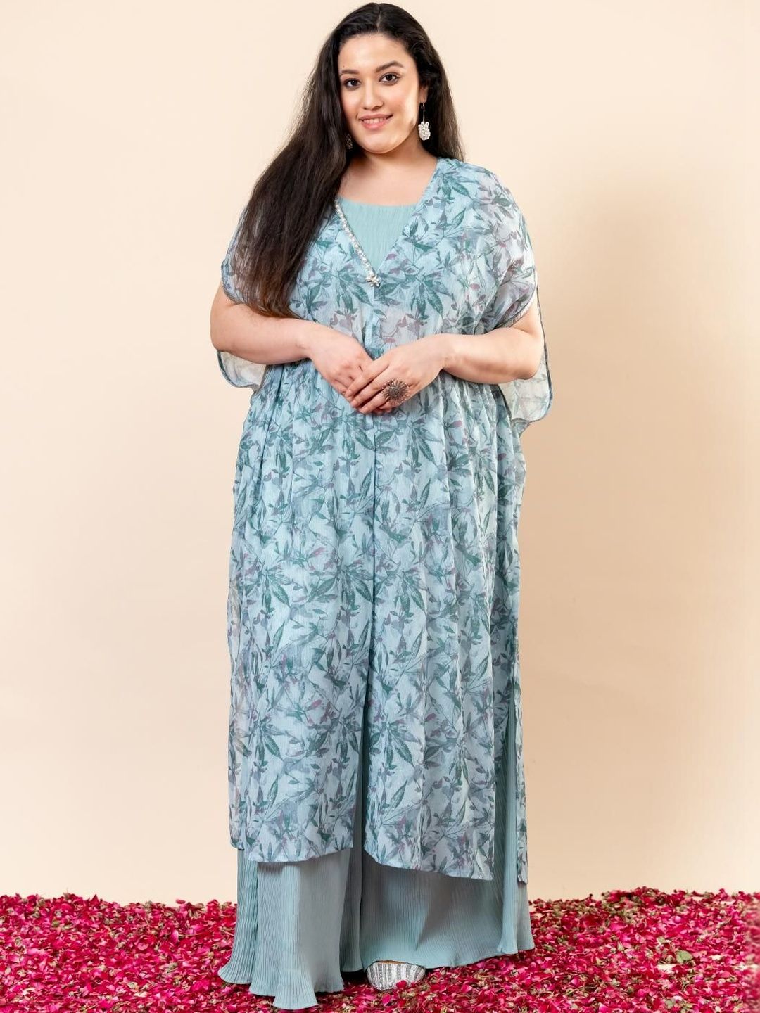 Mamicha Shabnam Printed Round Neck Crop Top With Cape & Palazzos Co-Ords Set