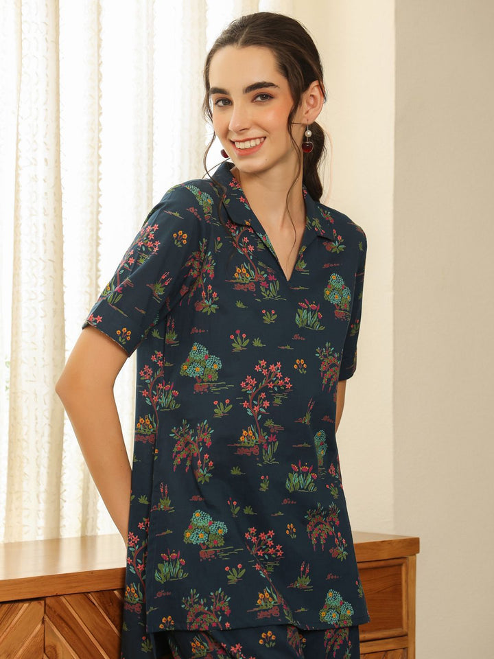 SANSKRUTIHOMES Women Printed V-Neck Short Sleeves Cotton Night suit