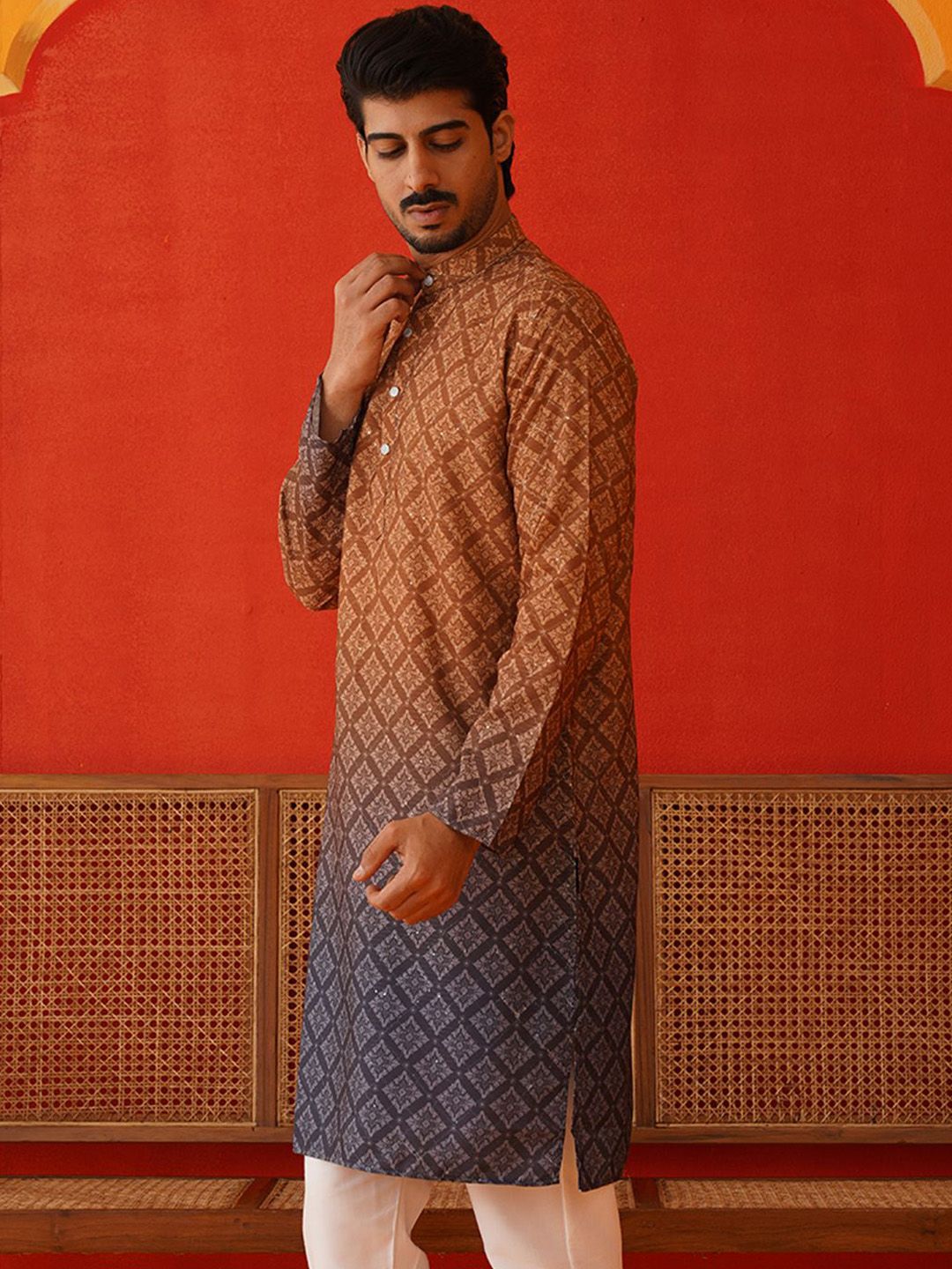 Jompers Men Floral Printed Sequinned Floral Kurta