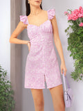 DressBerry Garden Goddess Floral Print Textured Ruffled Sleeves Mini A-Line Dress