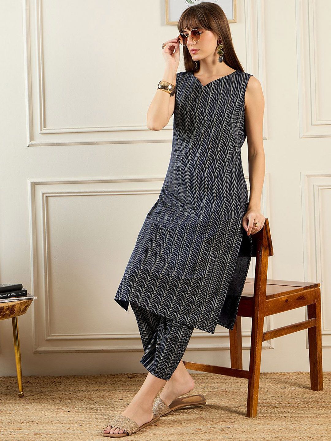 Indo era geometri bercetak v-neck tulen kapas lurus kurta dengan seluar