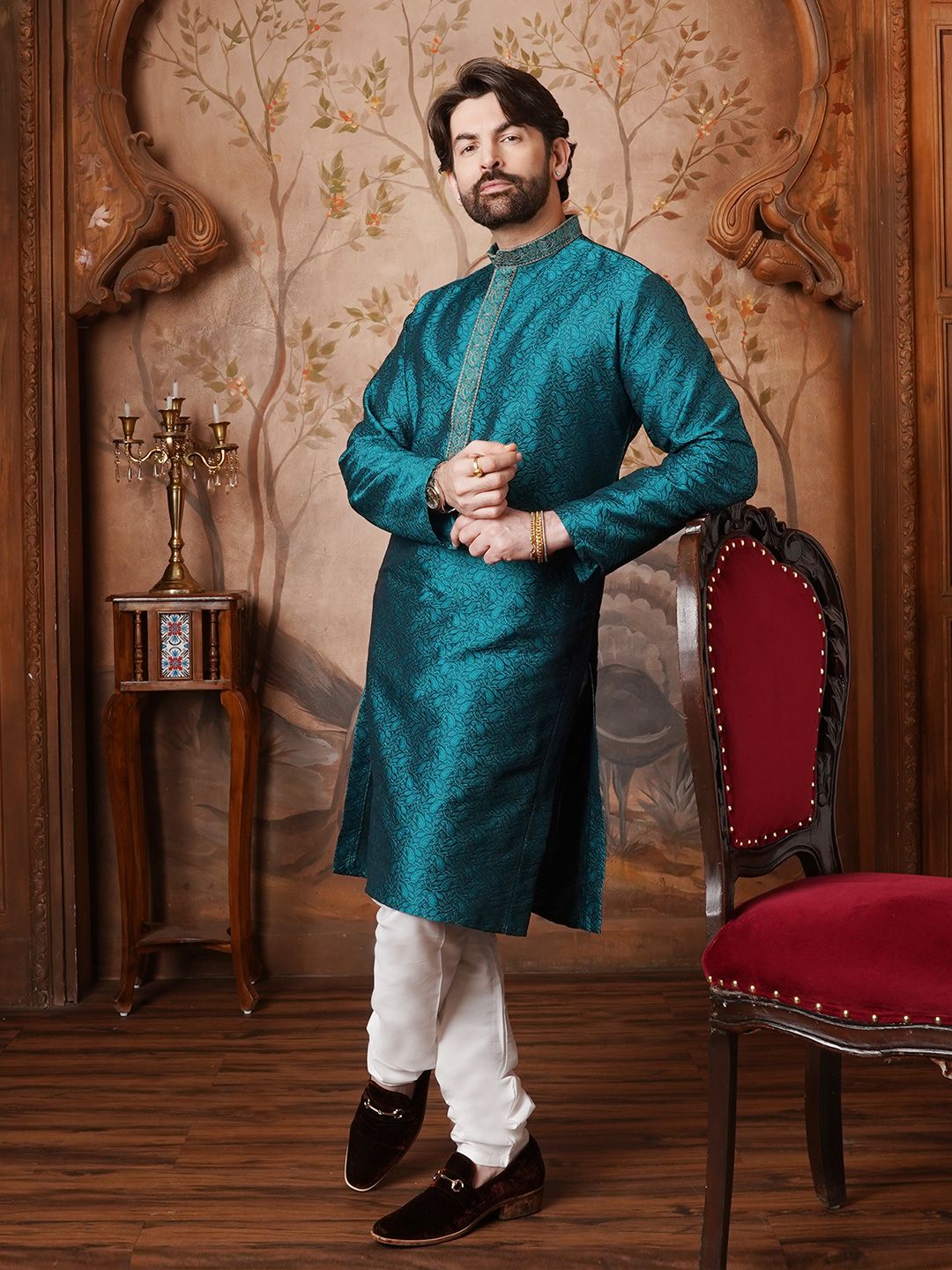 SOJANYA Rekaan Tenunan Kolar Mandarin Kurta Lurus