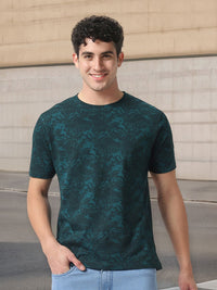 Urbano Fashion Men Teal Blue Tropical Printed Round Neck Pure Cotton T-shirt