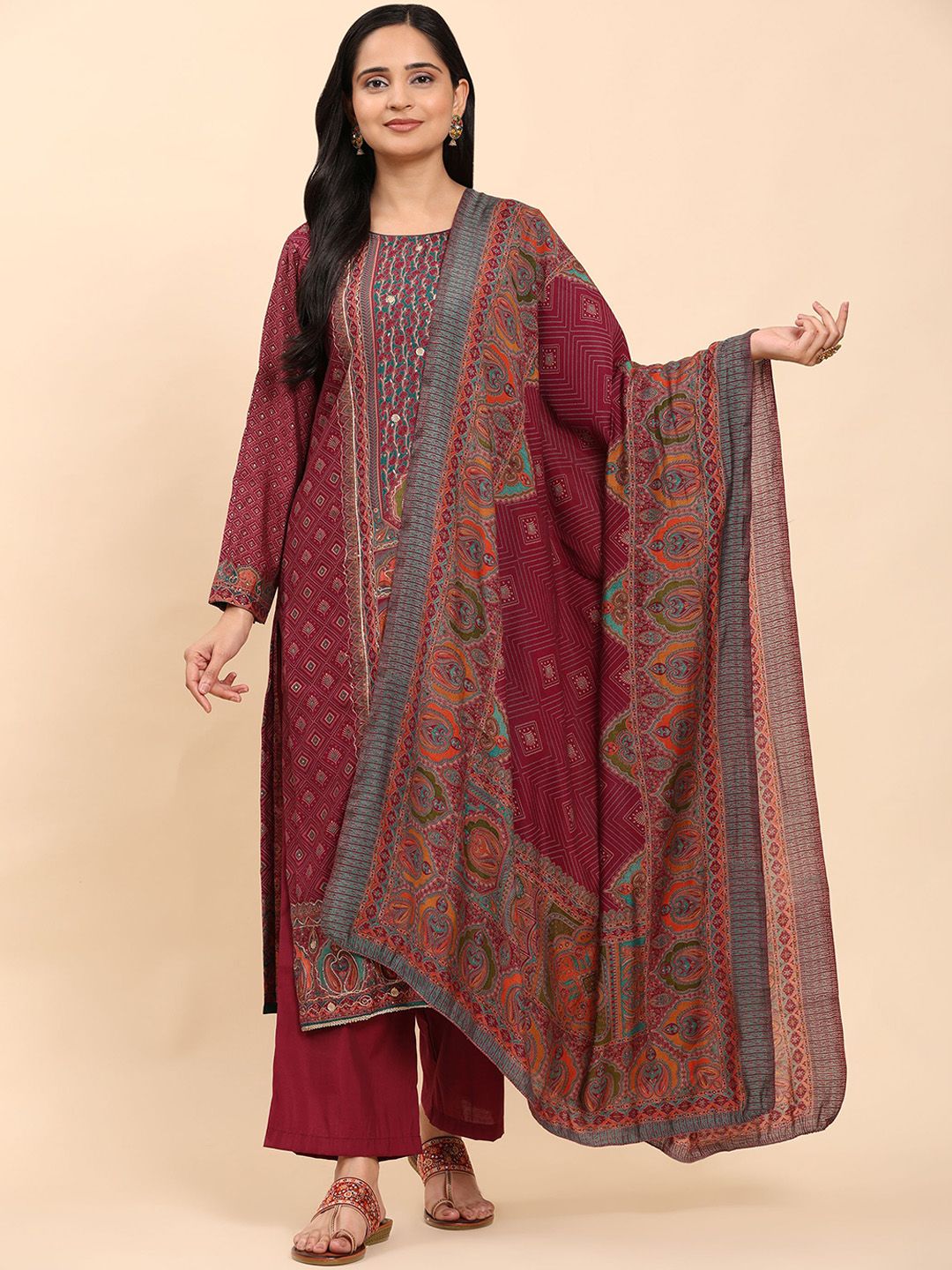 Kurta Kapas Tulen Biasa Mamicha Sulam Bunga dengan Palazzos & Dupatta
