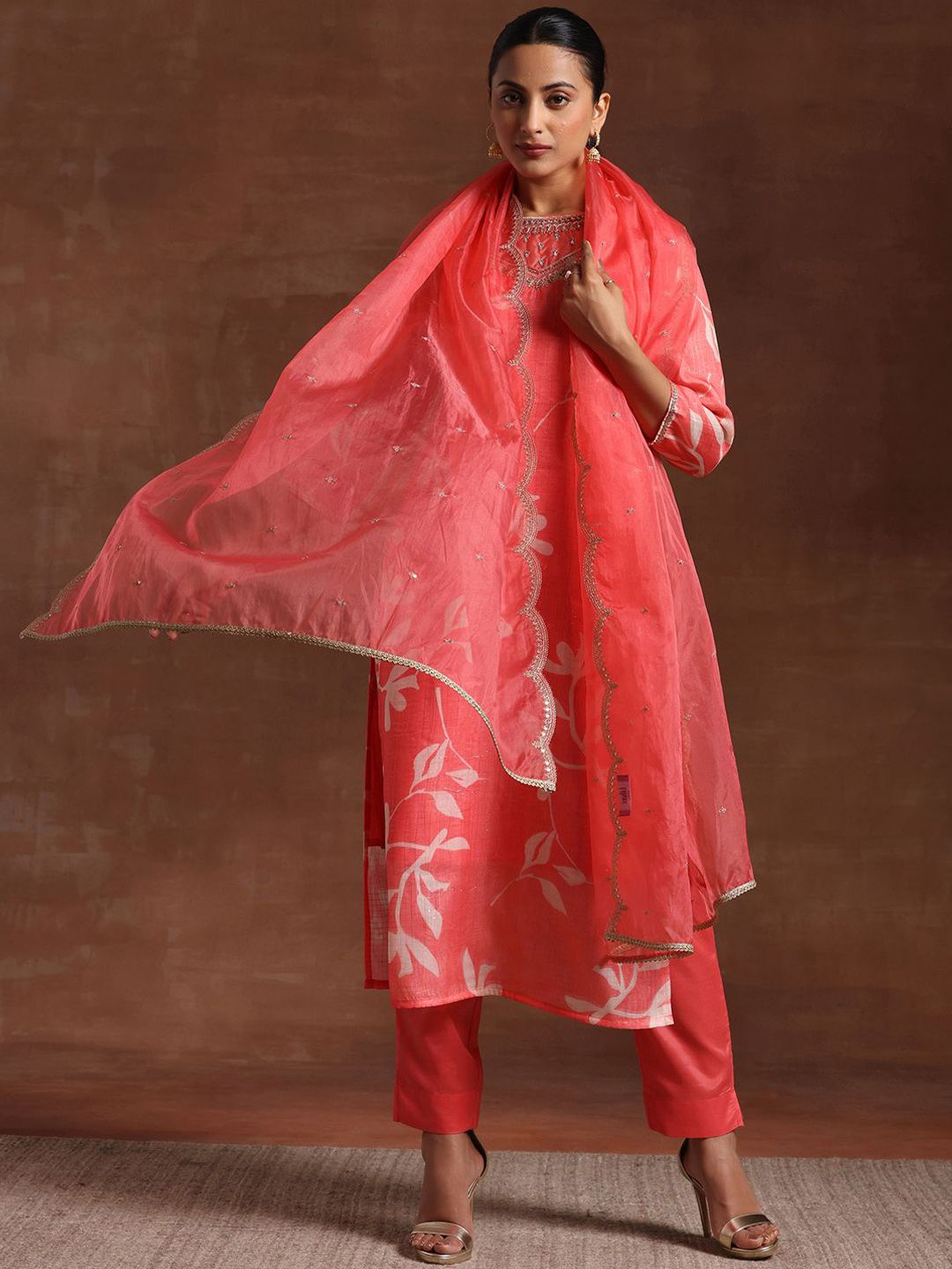 Libas Floral Yoke Design Straight Kurta with Trousers & Dupatta