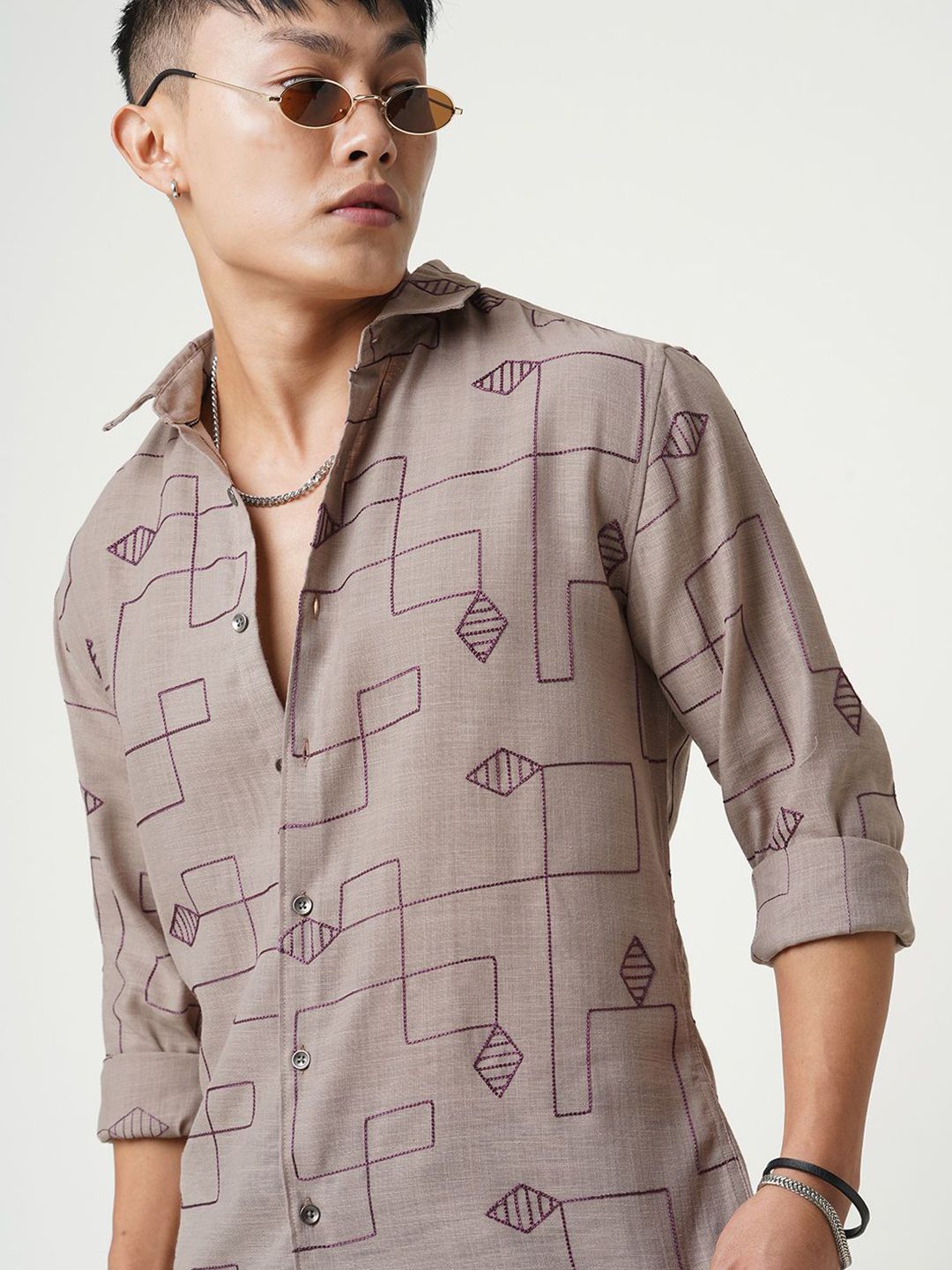VASTRADO Men Classic Diamond Maze Embroidered Slim Fit Casual Shirt