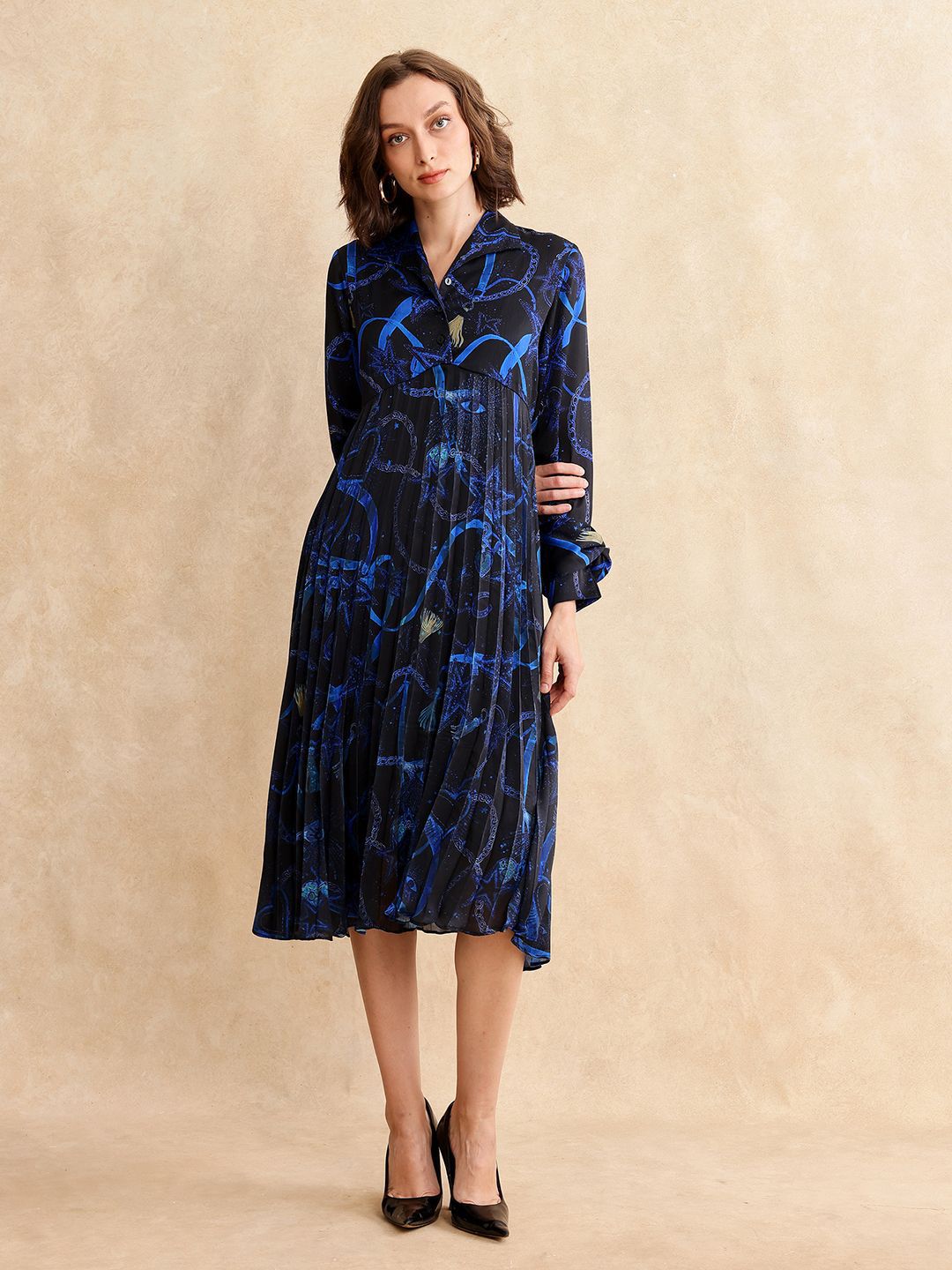 RAREISM Women Printed Shirt Collar Fit & Flare Pleated Midi Dress