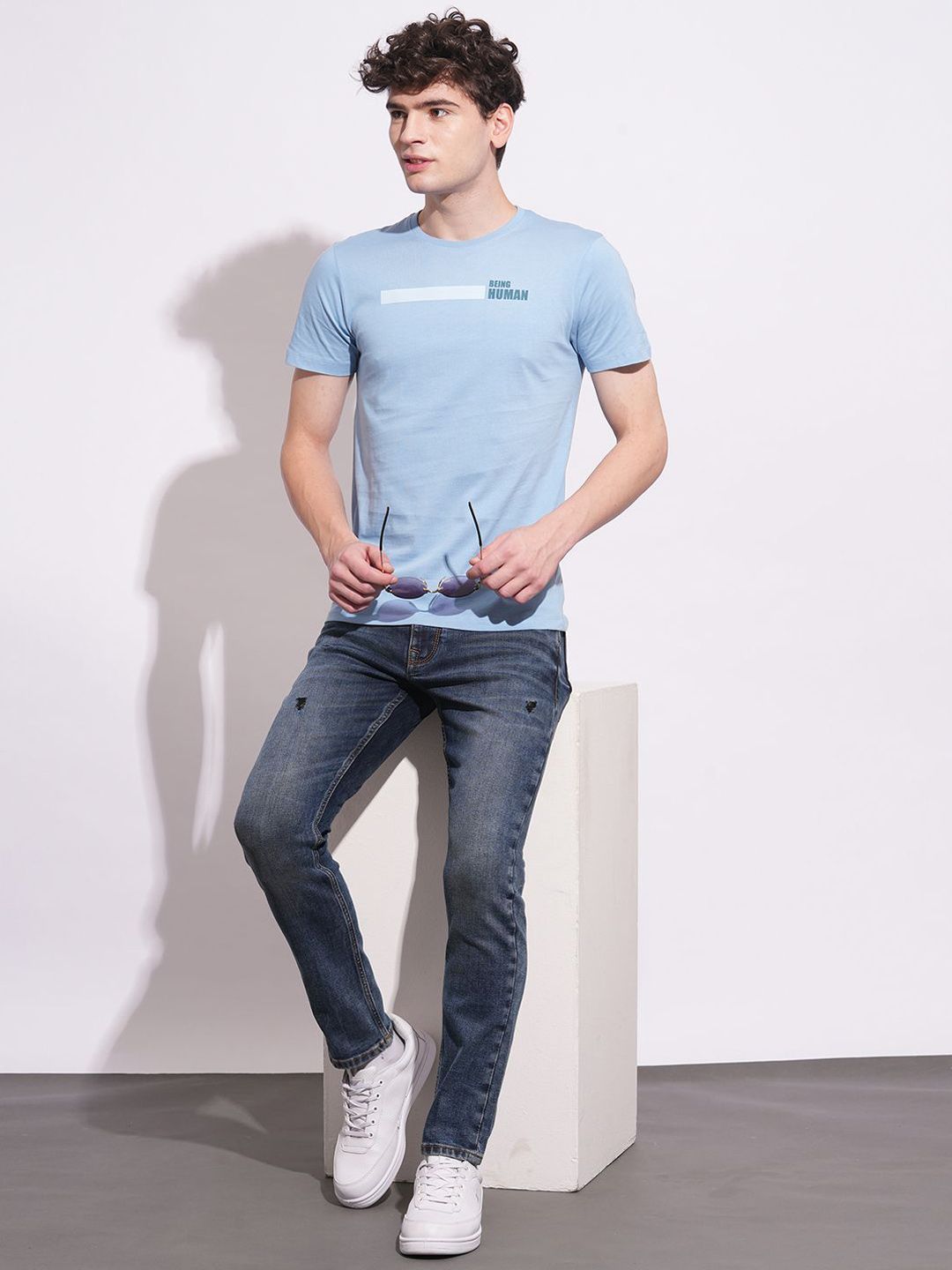 Being Human Men Classic Slim Fit Low Distress Light Fade Stretchable Jeans