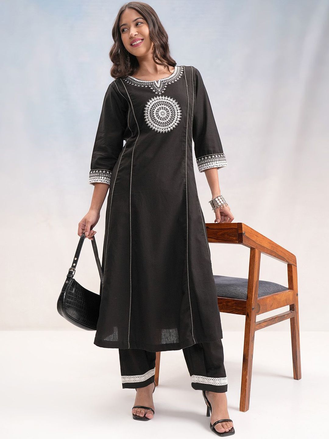 Vishudh Black & Silver Toned Ethnic Motifs Embroidered Cotton A Line Kurta with Palazzos
