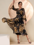 Antheaa Floral Embellished Flared Sleeve Chiffon A-Line Midi Dress