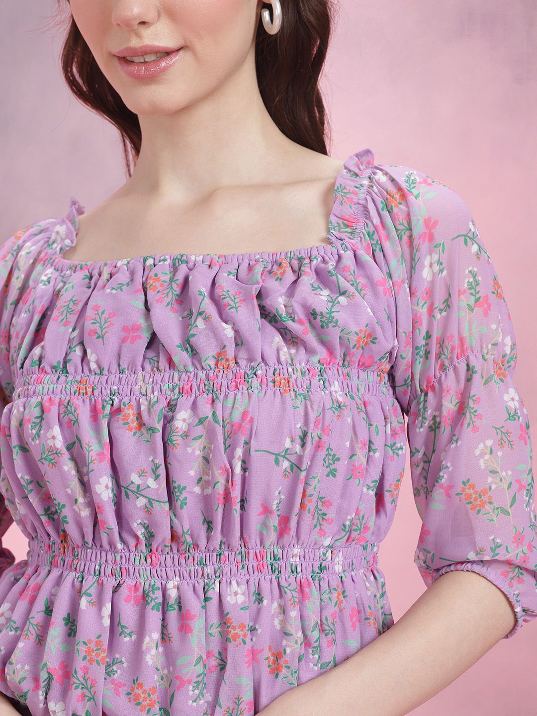 DressBerry Floral Print Smocked Puff Sleeve Top
