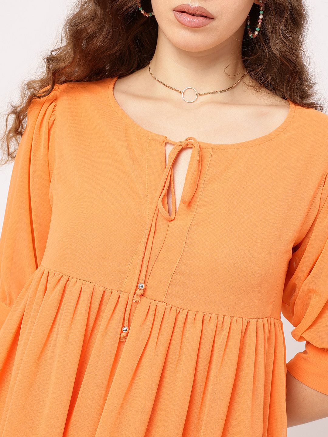 DressBerry Chic & Cheery Tie-Up Neck Puff Sleeves A-Line Mini Dress