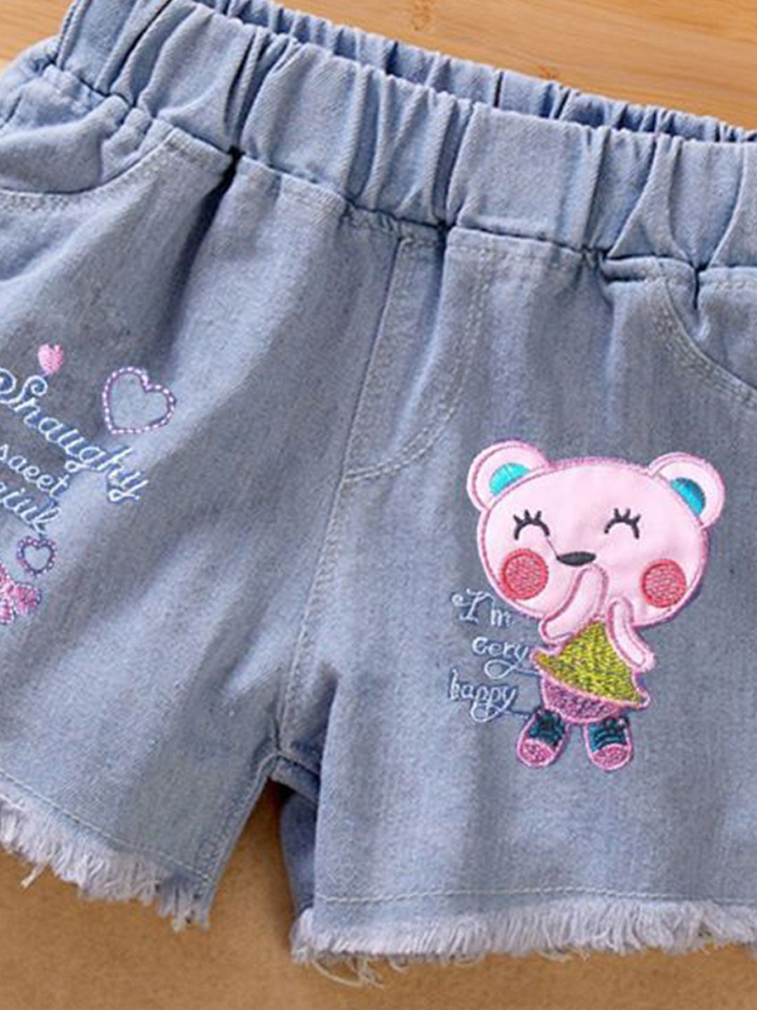 YK Girls Cotton Embellished Washed Denim Shorts