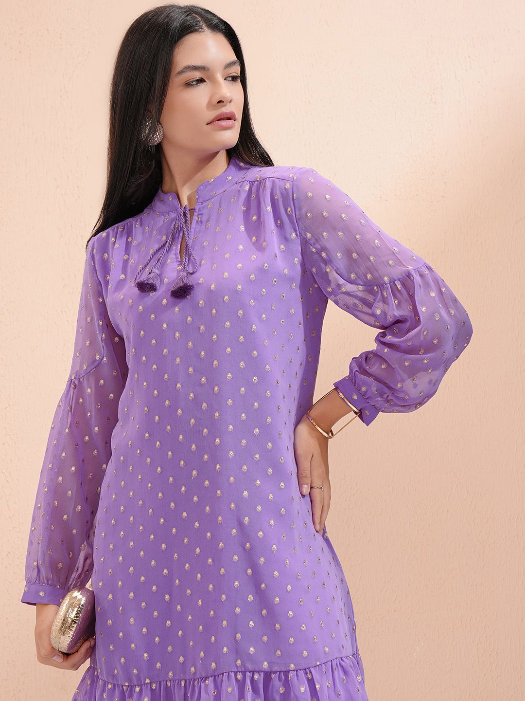 Vishudh Women Ethnic Motifs Tie-Up Neck A-Line Dress