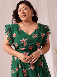 CURVY STREET Plus Size Floral Printed Flutter Sleeve Fit & Flare Maxi Dress