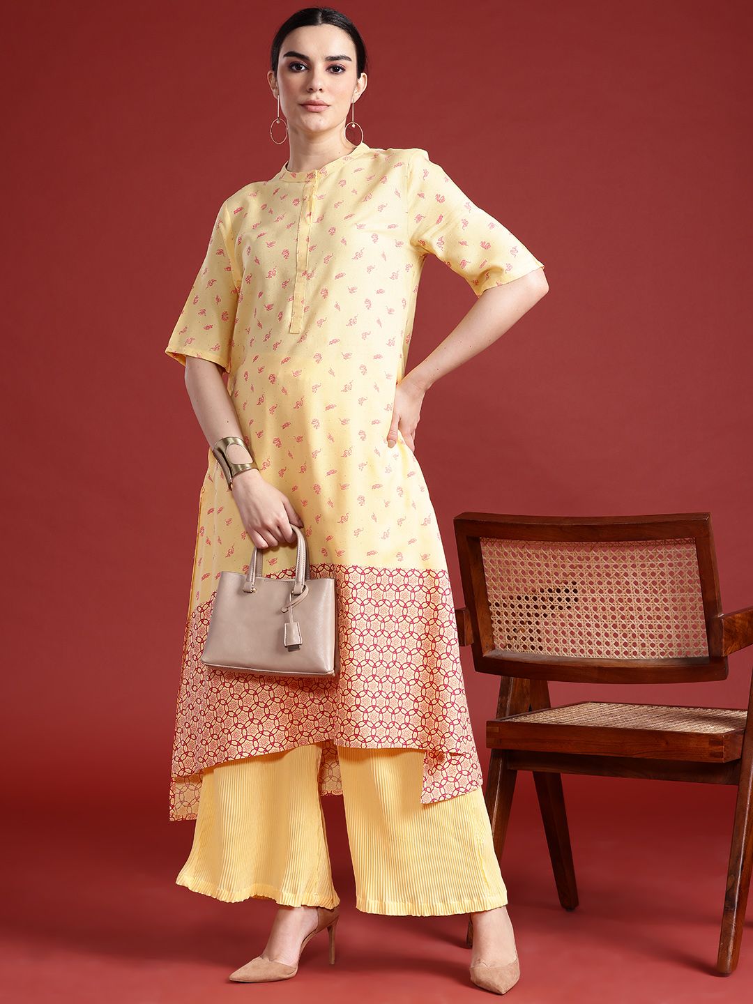 Anouk Printed High-Low Kurta with Pleated Palazzos