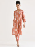 Rustorange Buta Printed Embroidered Neckline Detail Pure Cotton Tunic With Trouser Co-Ords