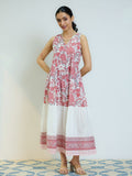 Rustorange Women Peach Red Sanganeri Printed Cotton Tier Dress
