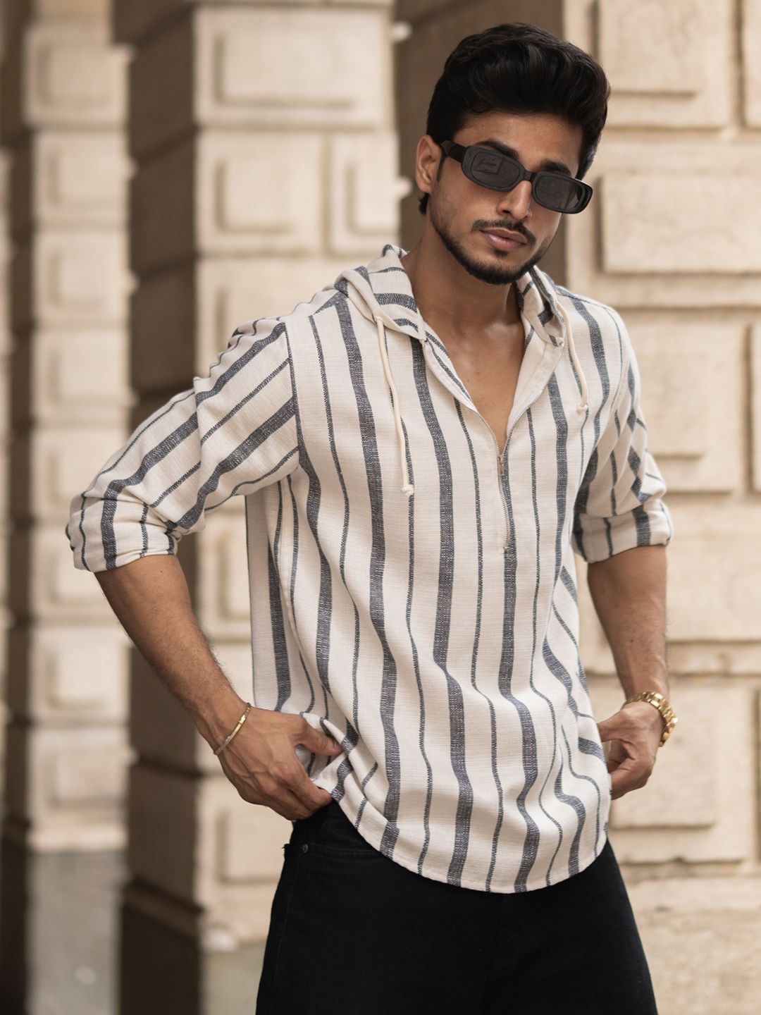 Powerlook Men Vertical Striped Hooded Casual Shirt