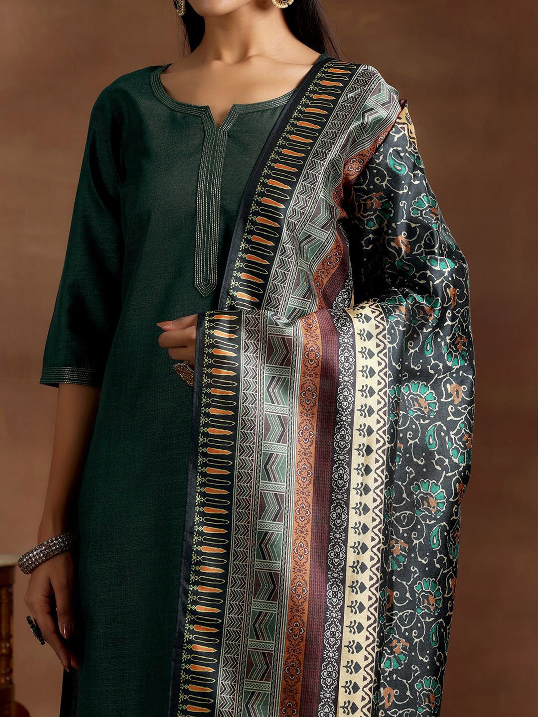 Libas Notched Neck Straight Kurta with Trousers & Dupatta