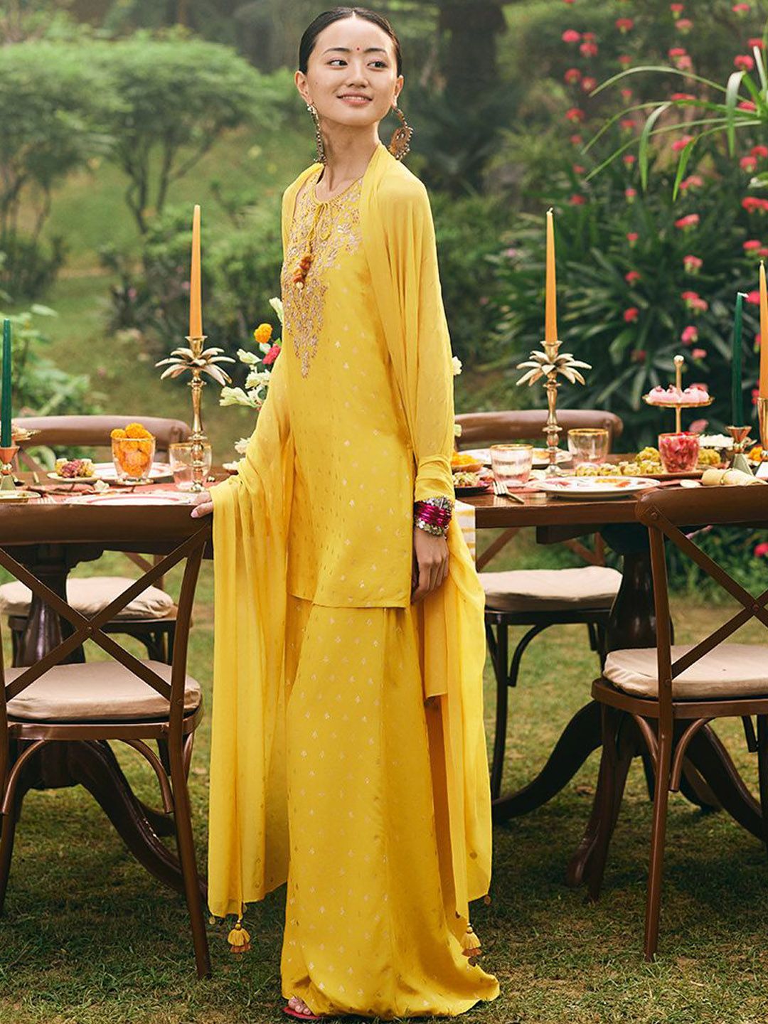 Global Desi Floral Printed Round Neck Sequinned Straight Kurta With Trouser And Dupatta