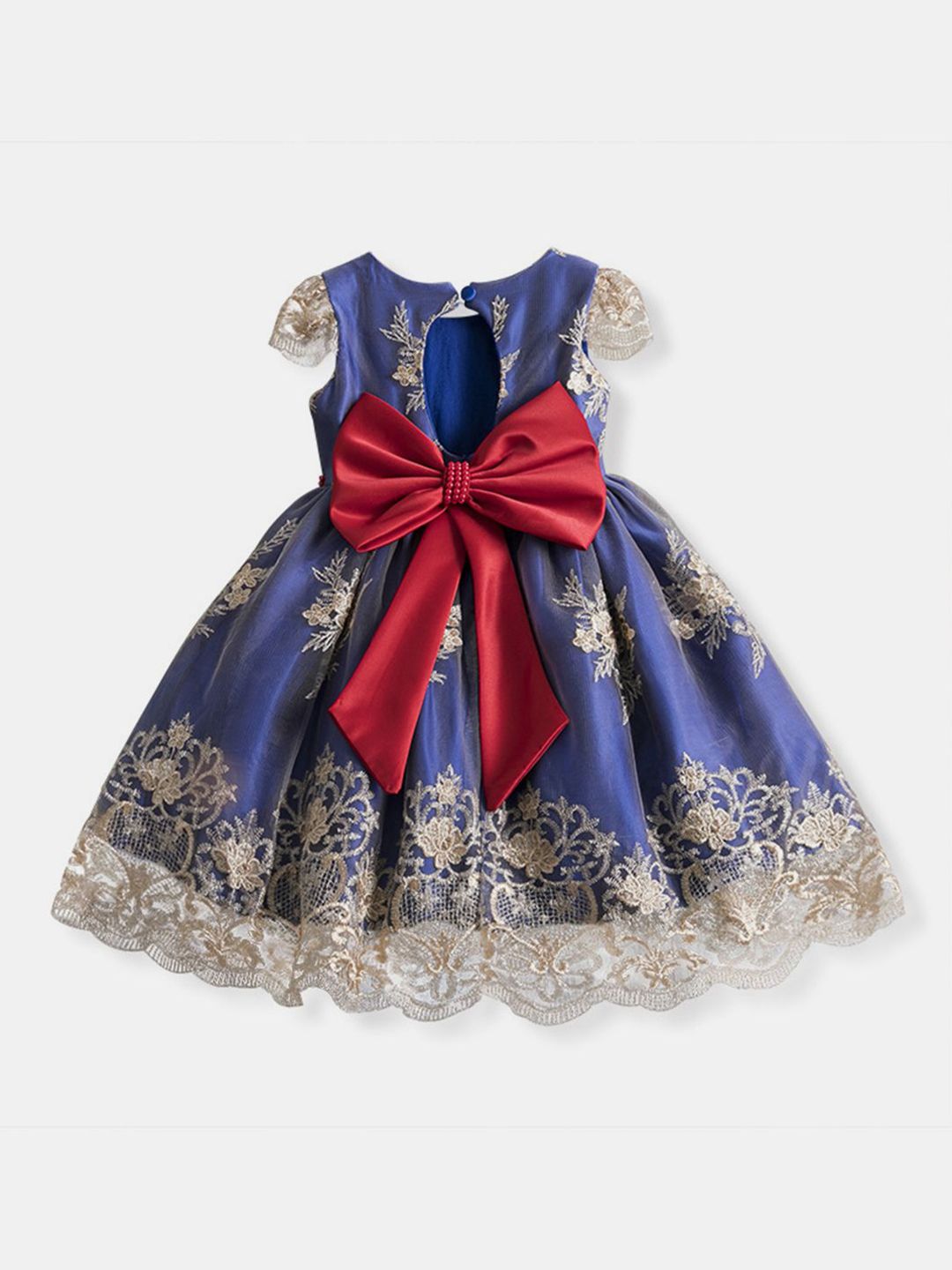 YK Girls Floral Embroidered Bow Fit & Flare Dress