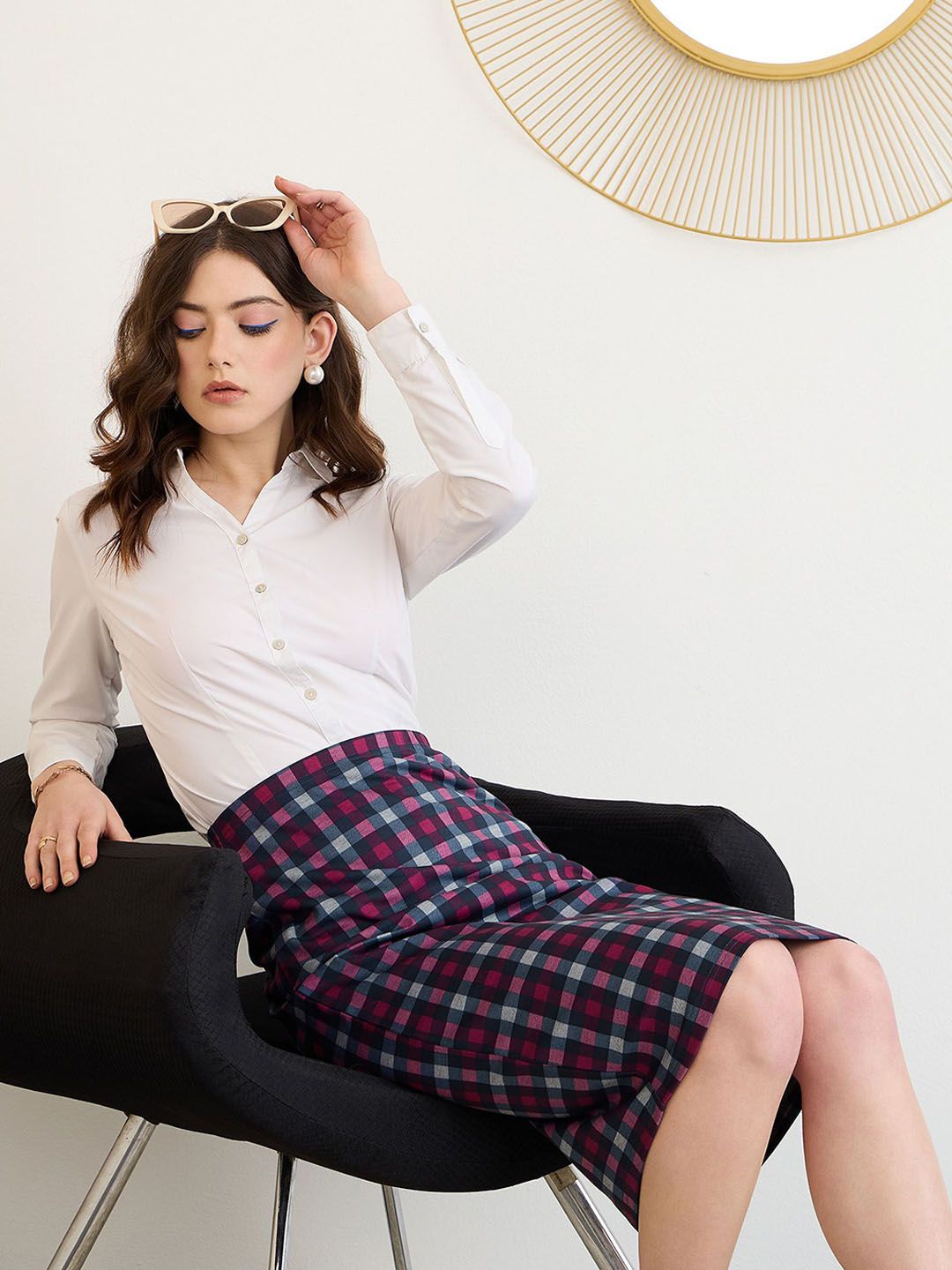 Berrylush Check High Rise Pencil Midi Skirt
