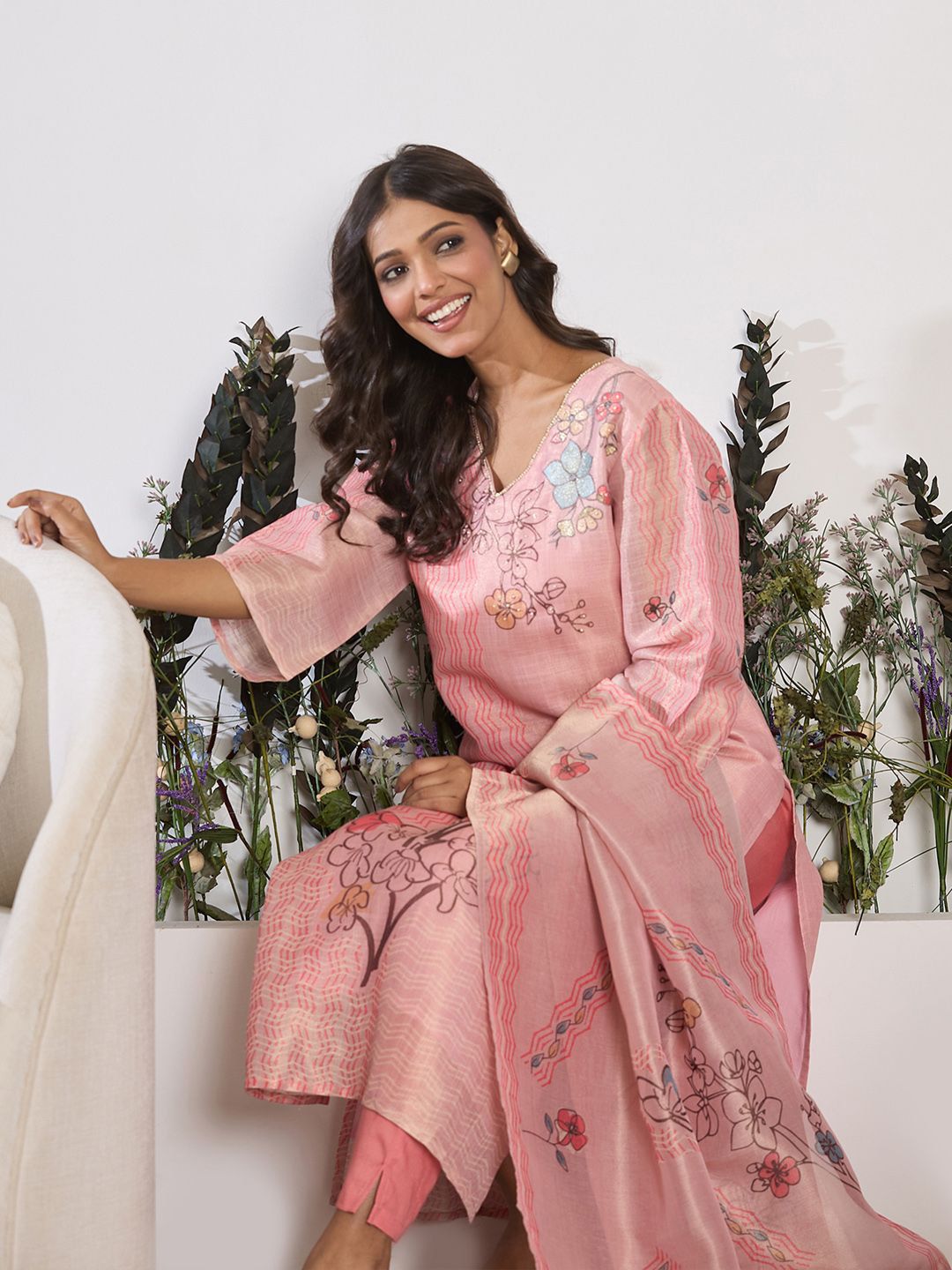 Indo Era Floral Printed Round Neck Straight Kurta With Trousers & Dupatta
