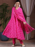 Libas Bandhani Printed Gotta Patti Pure Cotton Anarkali Kurta with Trousers & Dupatta