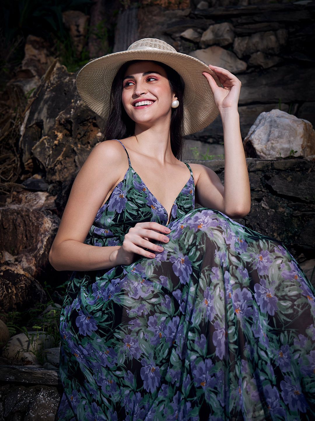 Berrylush Tropical Print Georgette Fit & Flare Maxi Dress