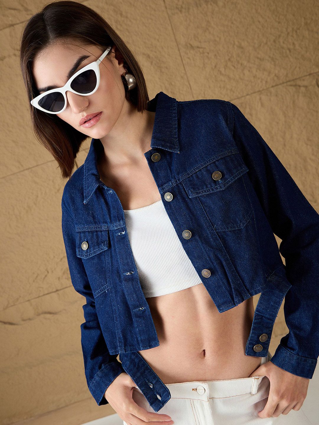 SASSAFRAS Women Crop Denim Jacket with Embroidered