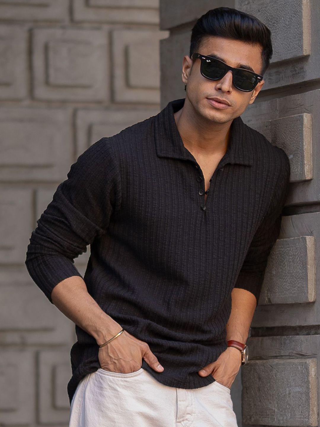 Powerlook Men Self Design Polo Collar T-shirt