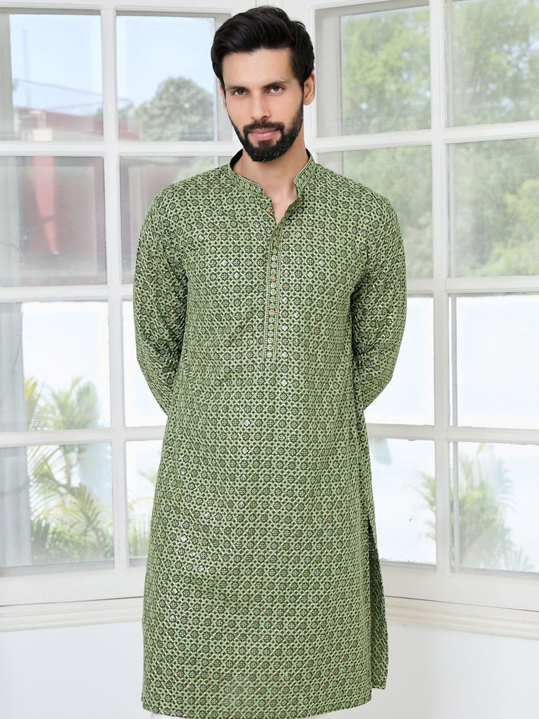 See Designs Floral Embroidered Mandarin Collar Chikankari Straight Kurta