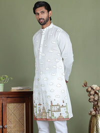 Jompers Coversational Printed Embroidered Mandarin Collar Straight Kurta