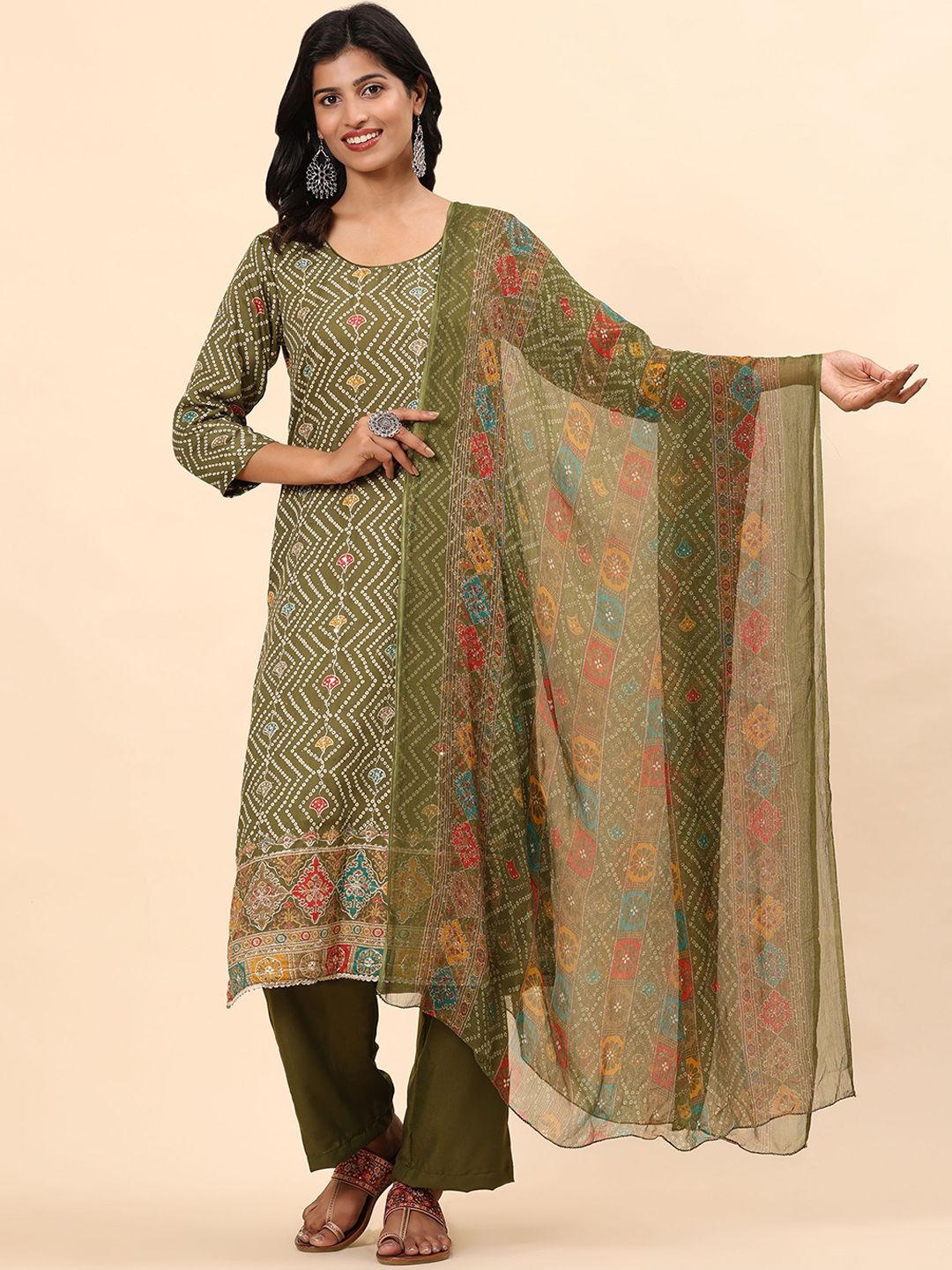 Kurta Lurus Kapas Tulen Bercetak Mamicha Bandhani dengan Palazzos & Dupatta