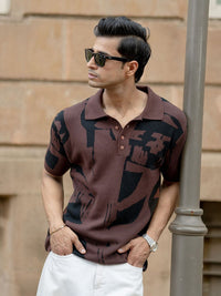 Powerlook SS25 Abstract Printed Polo Collar Jacquard Knitted Pure Cotton T-Shirt
