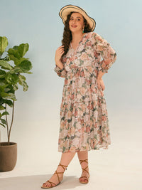 SASSAFRAS Curve Women Plus Size Floral Printed Tiered  Georgette Empire Midi Dress