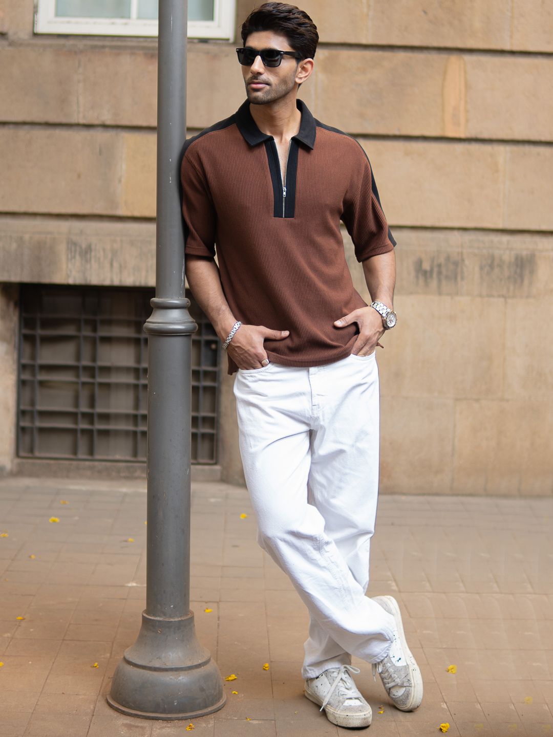 Powerlook Colourblock  Polo Collar Drop-Shoulder Sleeves Oversized T-shirt