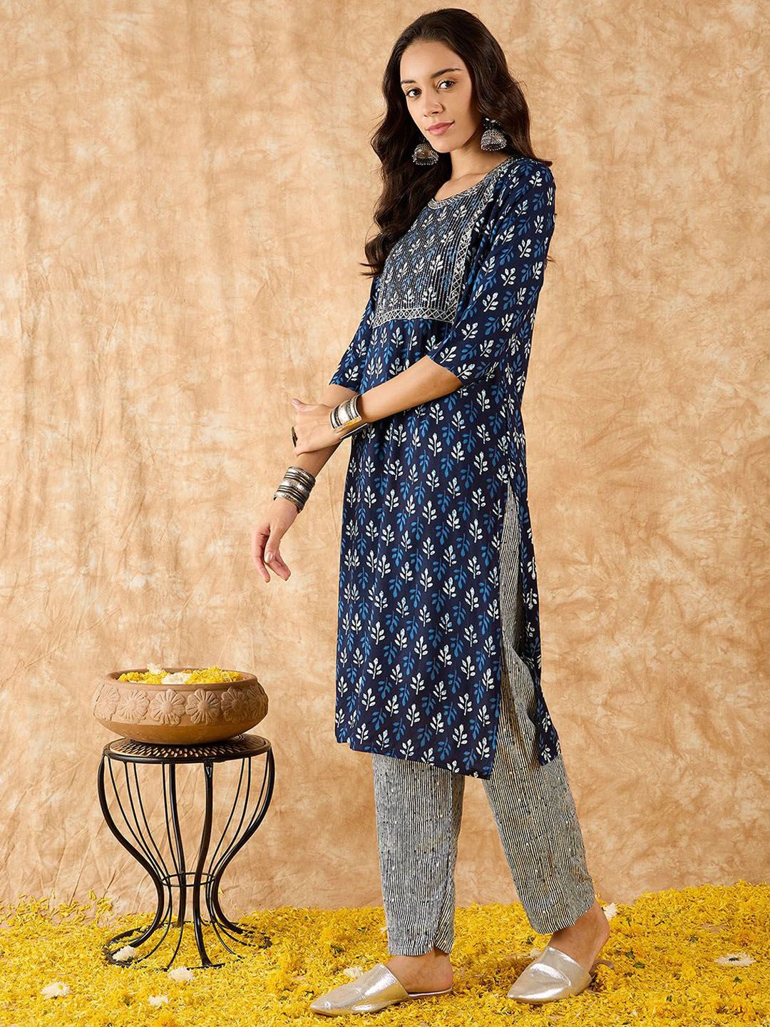 Indo Era Ethnic Motifs Printed Straight Sequinned Kurta with Trousers