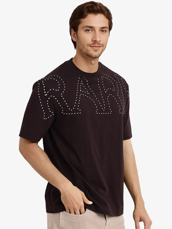 RARE RABBIT Men Typography Printed Round Neck Cotton Oversized T-shirt