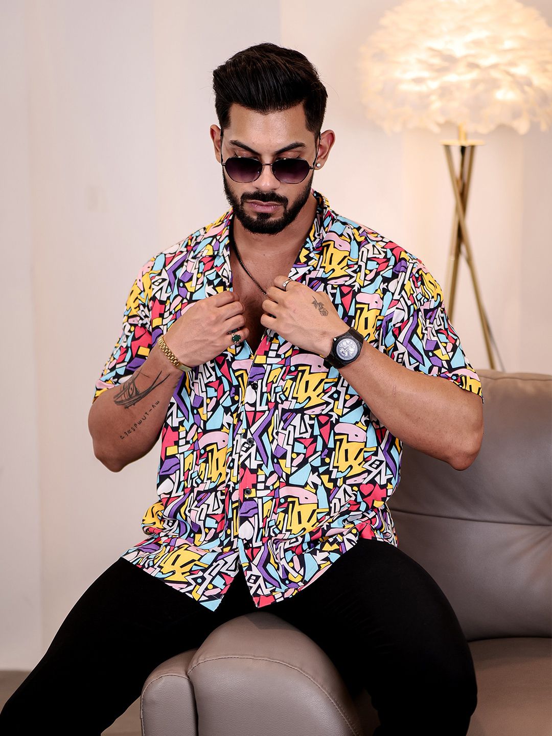 Eszett Men Abstract Printed Cuban Collar Casual Shirt