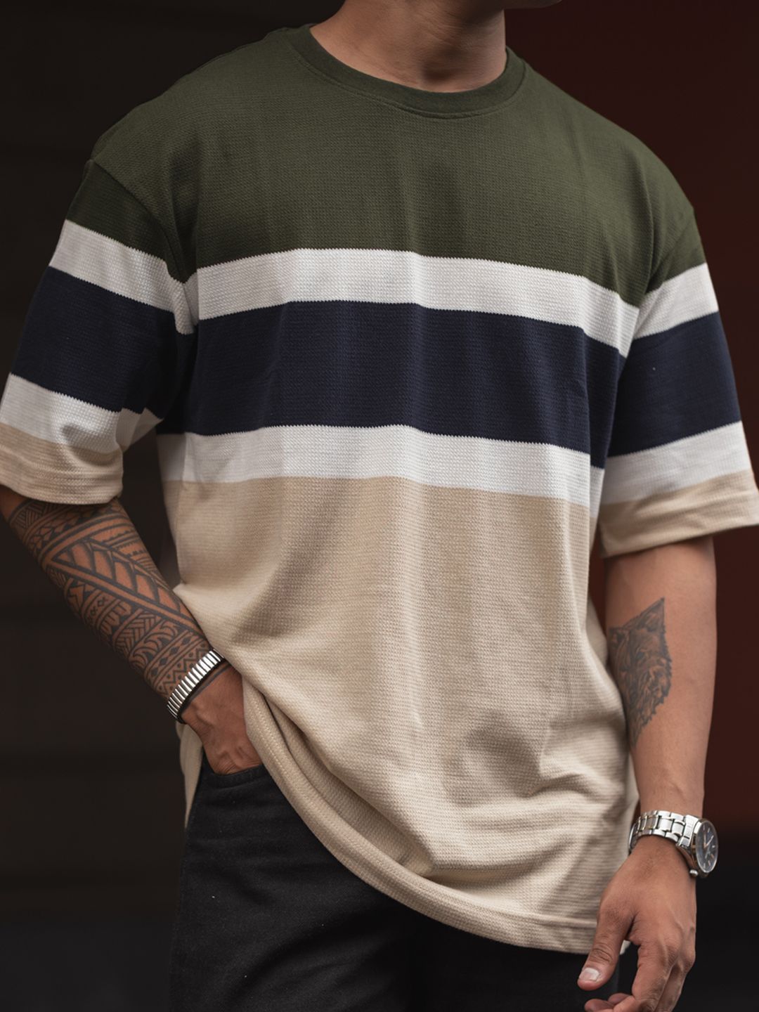 Powerlook Men Colourblocked Round Neck Oversized T-shirt