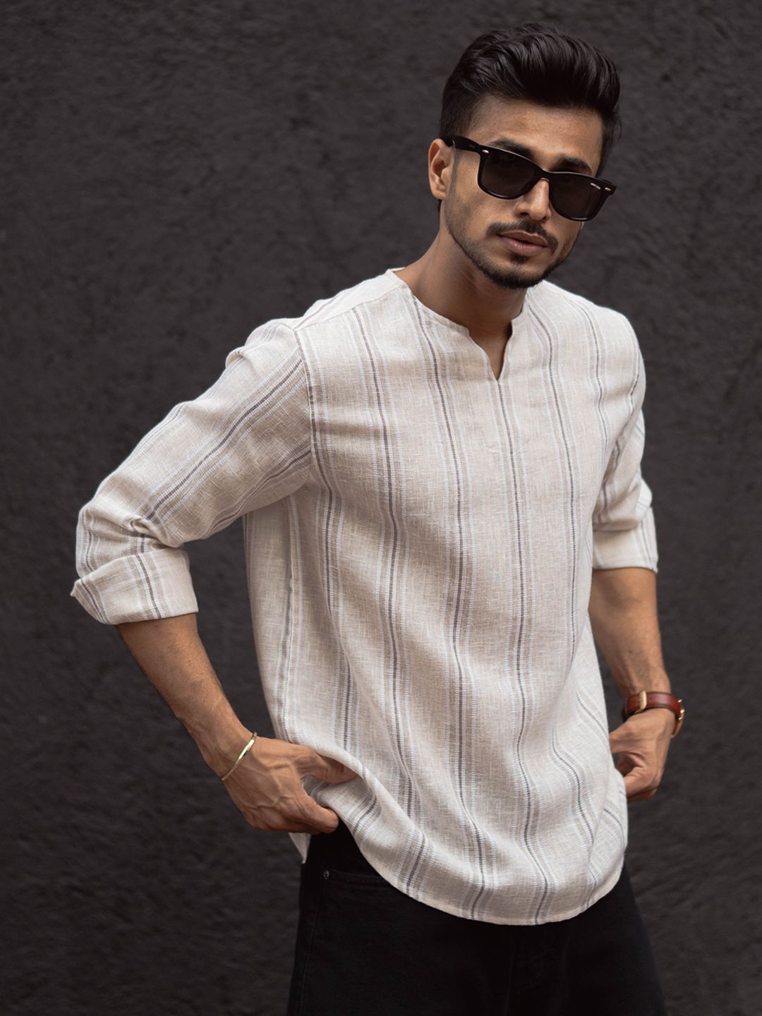 Powerlook Men Collarless Solid Cotton Casual Shirt