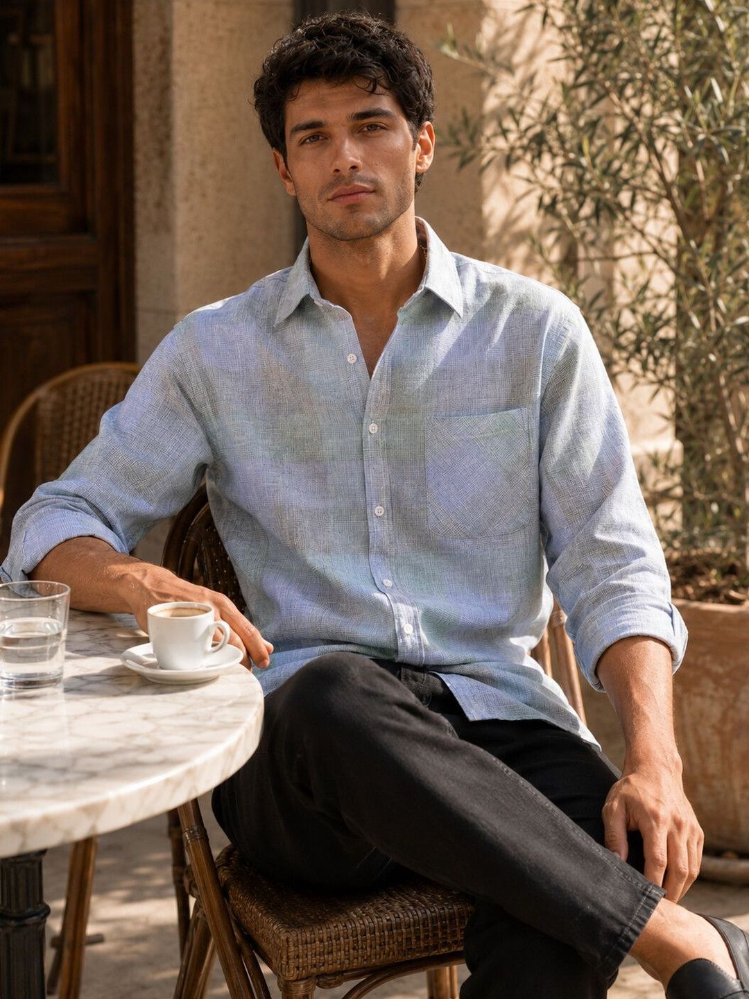Eszett Men Checked Spread Collar Cotton Baju Kasual
