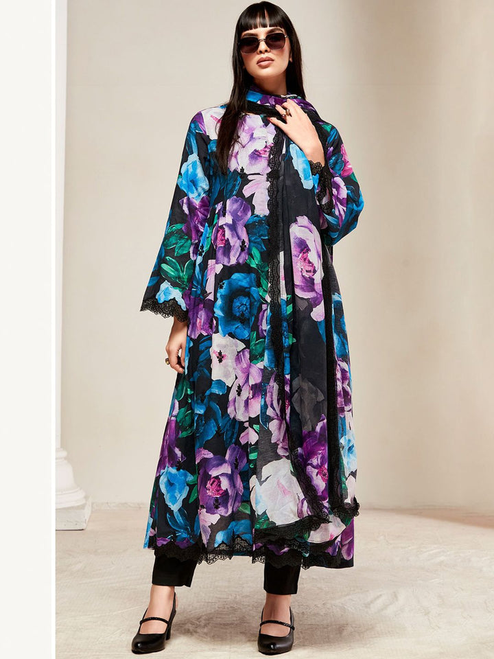 Indo Era Women Floral Embroidered Empire Thread Work Kurta with Trousers & With Dupatta