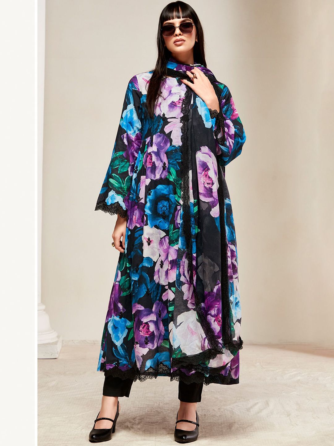 Indo Era Women Floral Embroidered Empire Thread Work Kurta with Trousers & With Dupatta