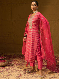 Indo Era Leheriya Embroidered Thread Work Chanderi Silk Kurta With Trousers & Dupatta