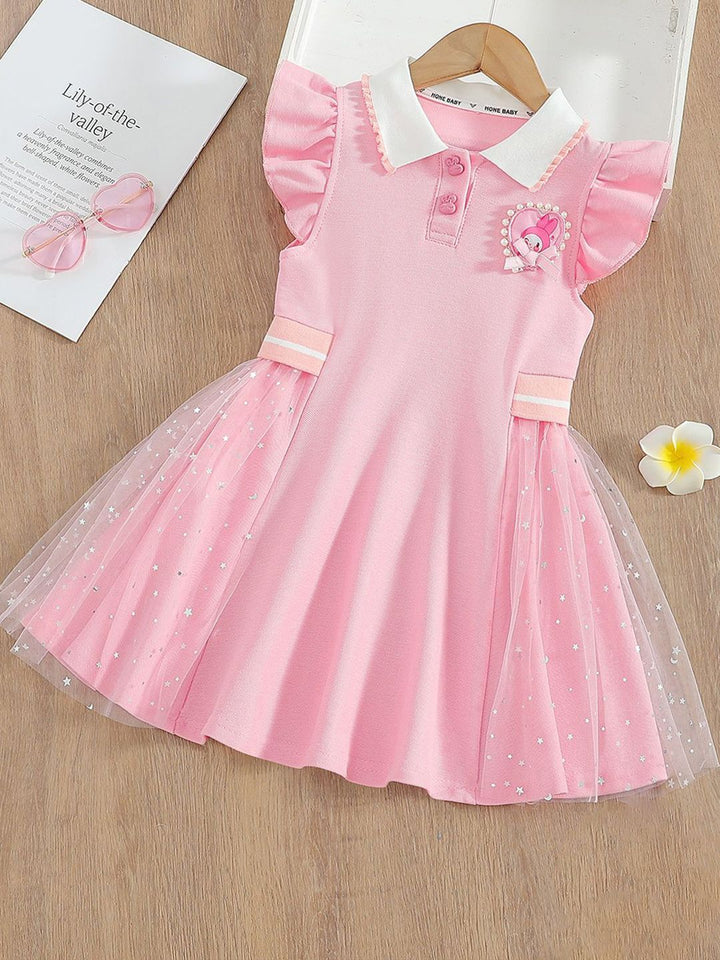 YK Girls Shirt Coller  Embellished Cap Sleeve Fit & Flare Dress